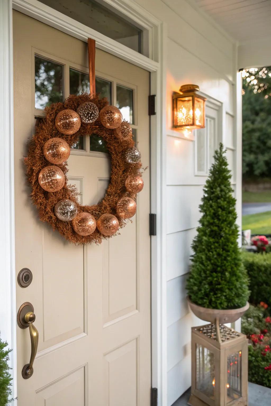 Bronze constituents append a contemporary radiance to your fall wreath.