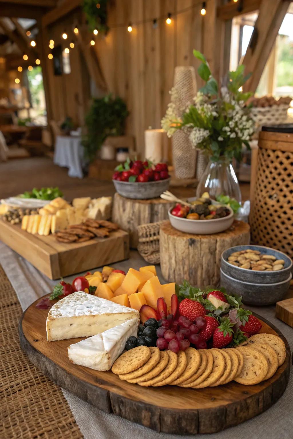 A country-style grazing display furnishes a delectable and visually enticing snack option.