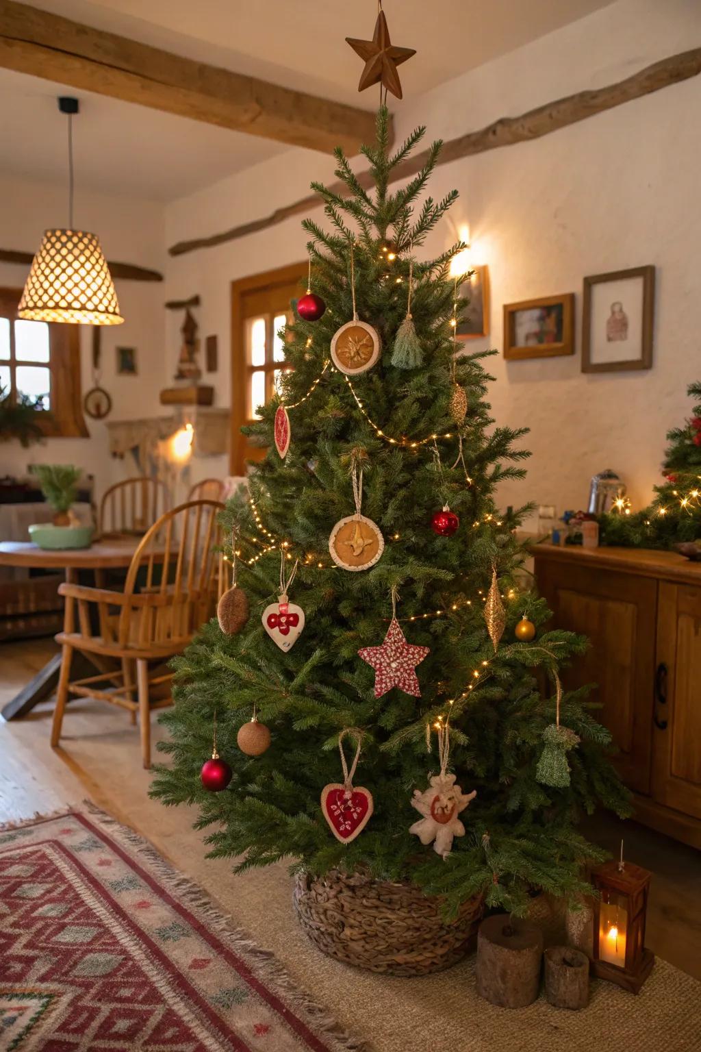 Hand-made decorations introduce a personal and charming touch to this tree.