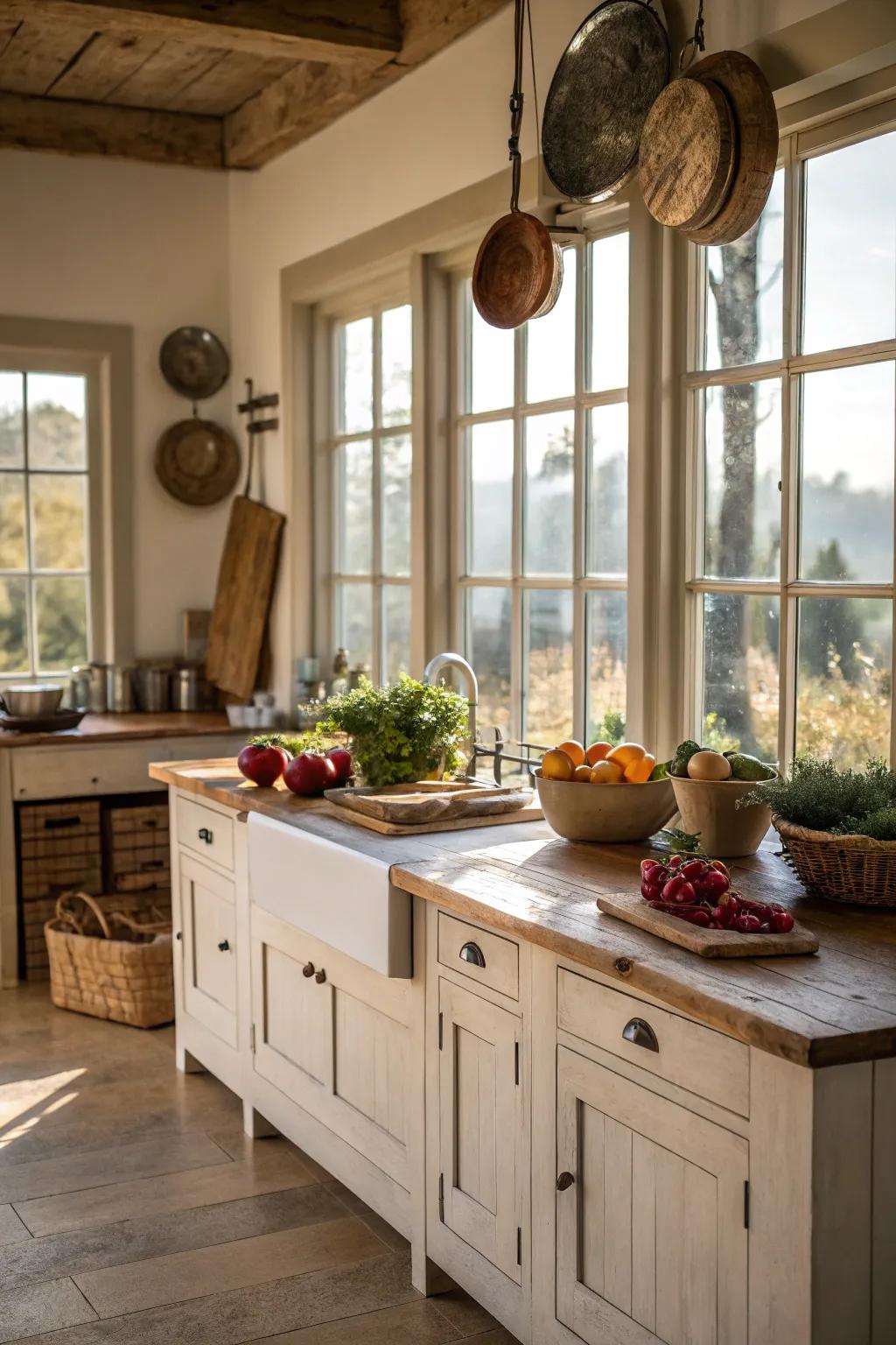 Natural lighting enhances the beauty of your farmhouse kitchen island.