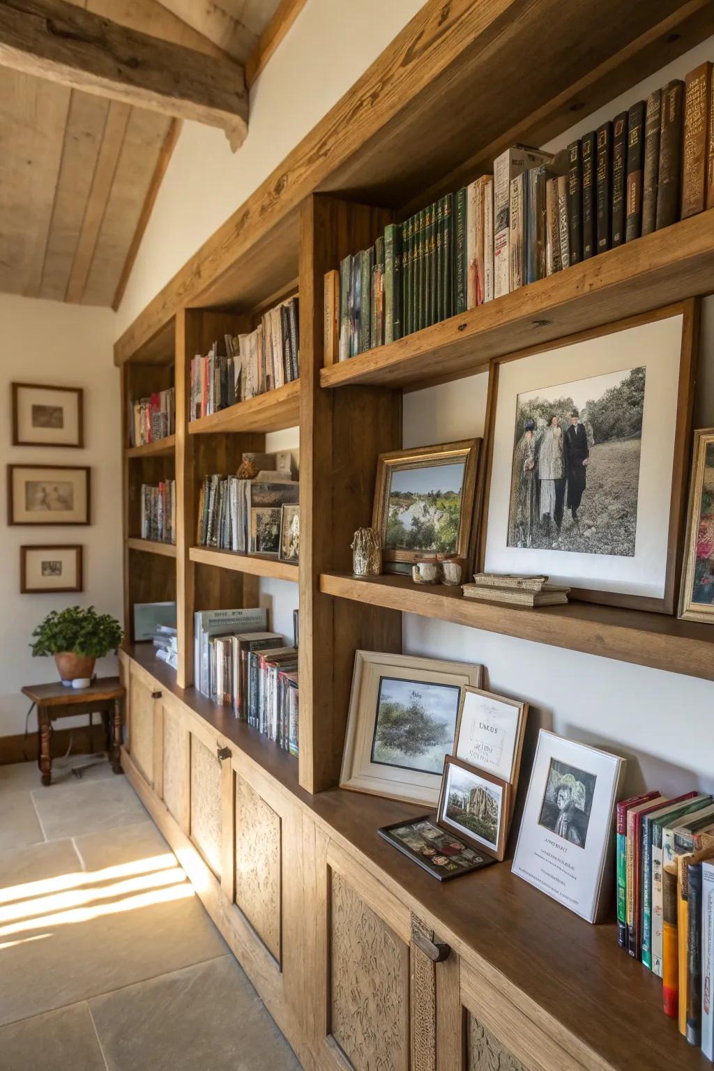 Art and personal photos mixed with books contribute a personal touch to the library.