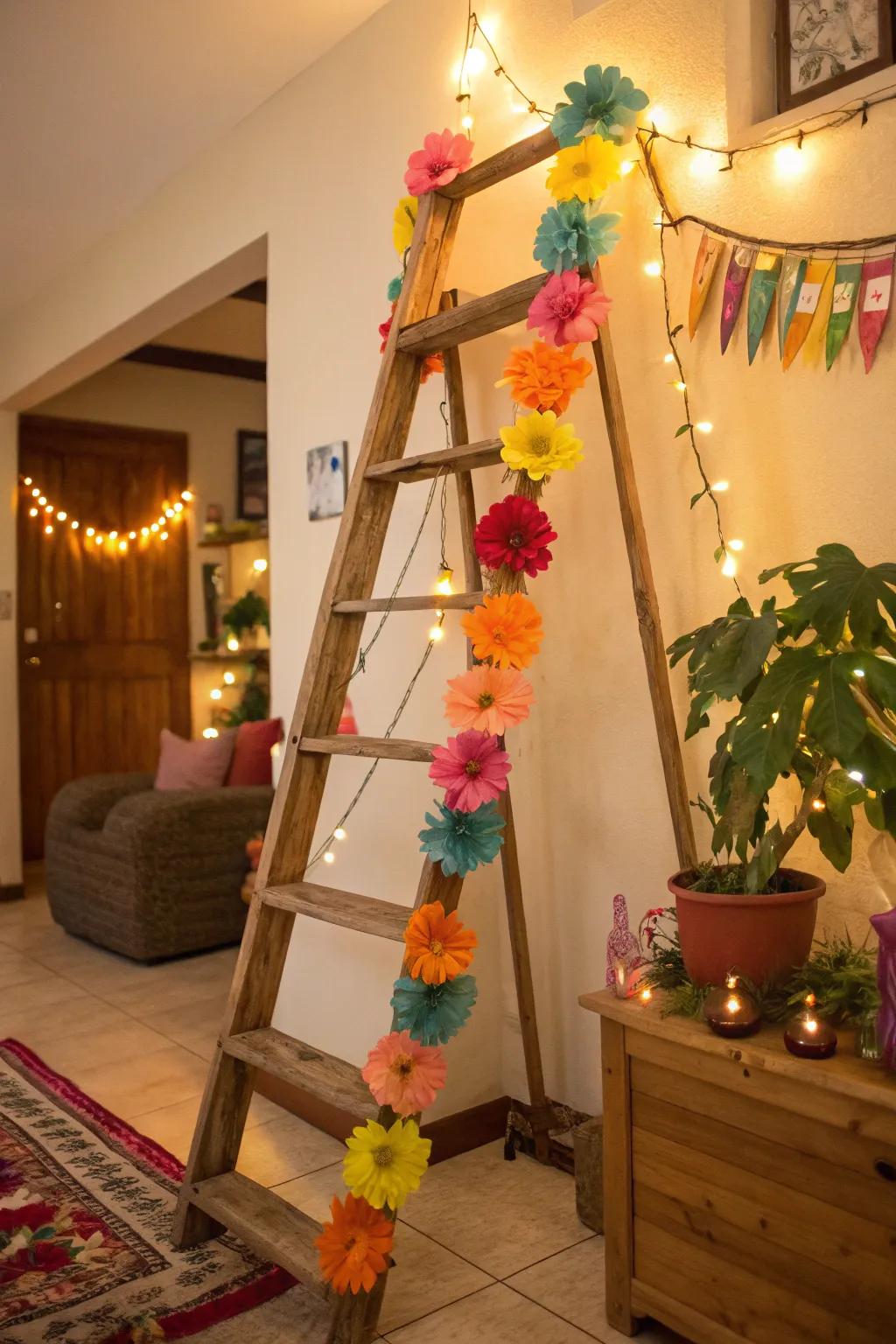 Decorative garlands draped over a ladder