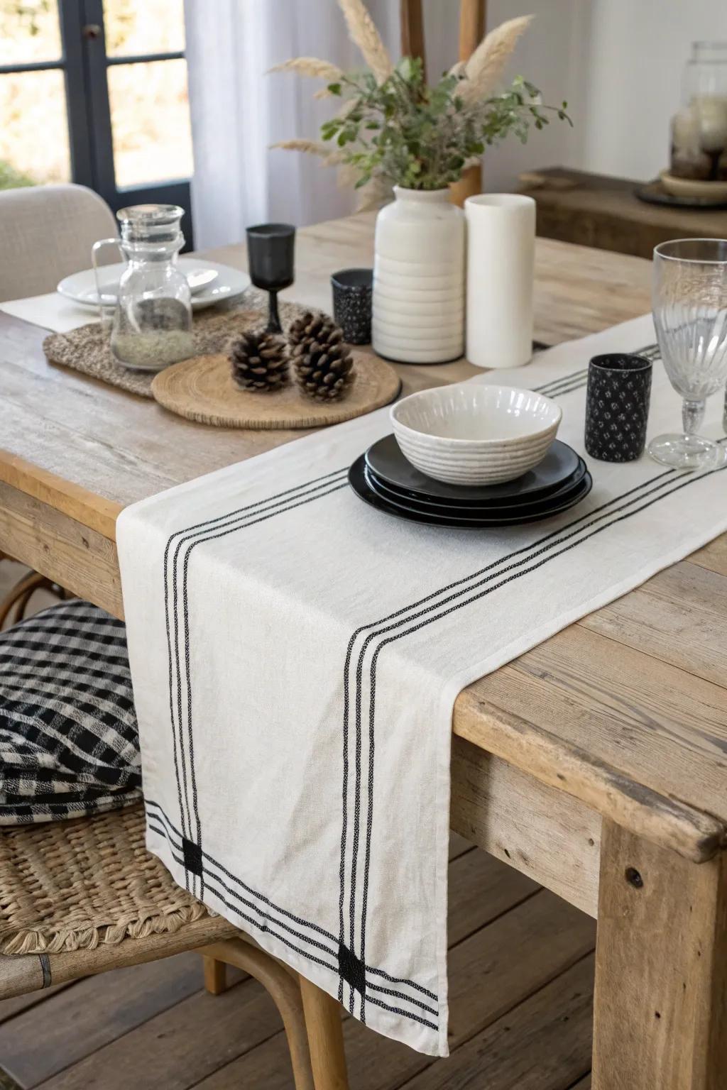Monochrome accents offer a sleek, modern farmhouse look.