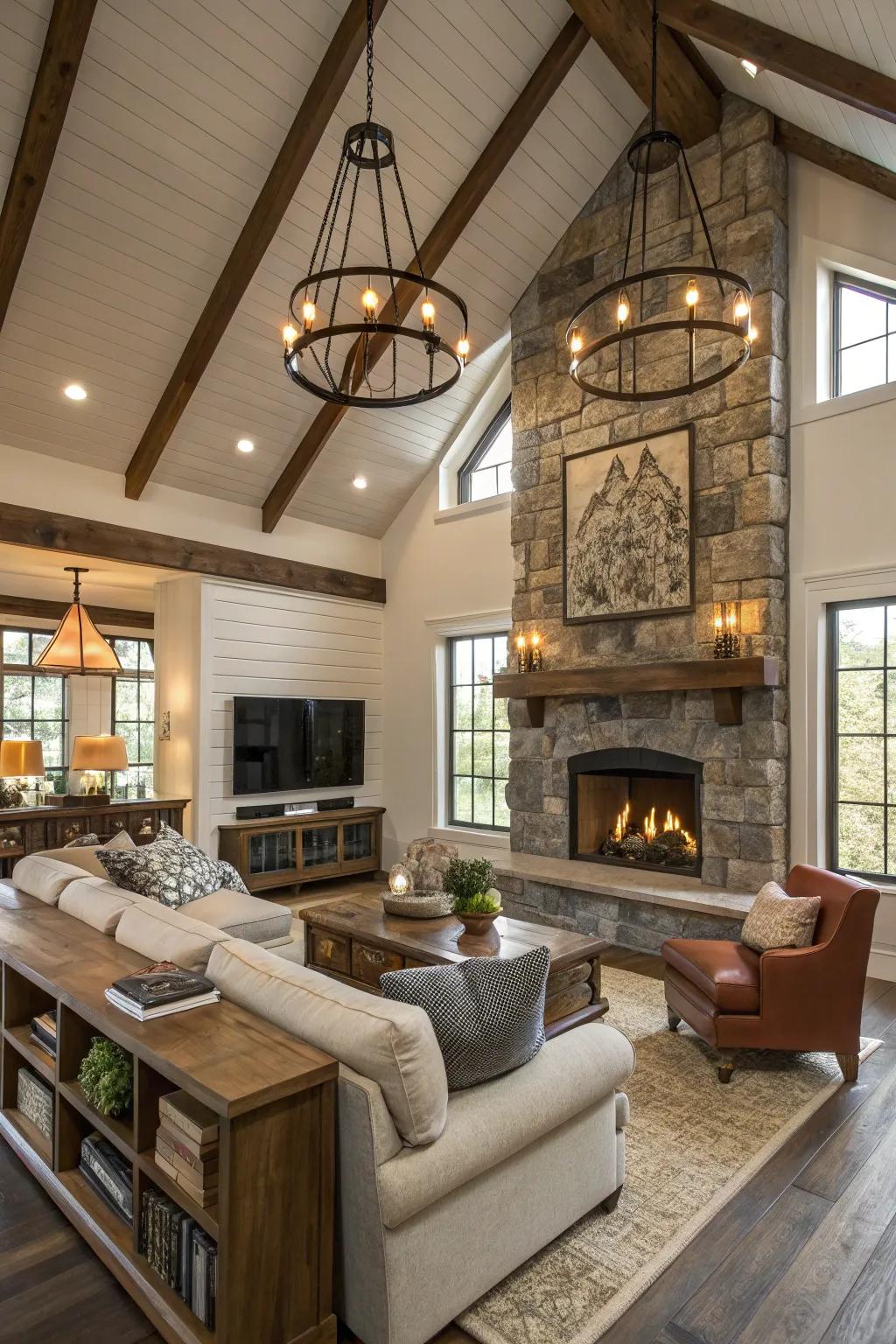 Industrial lighting features in a modern rustic farmhouse living room.