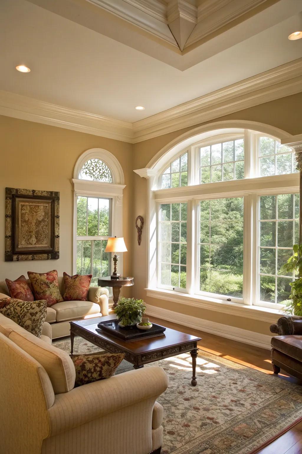 Grand opening outlines thanks to simulated ornate molding.