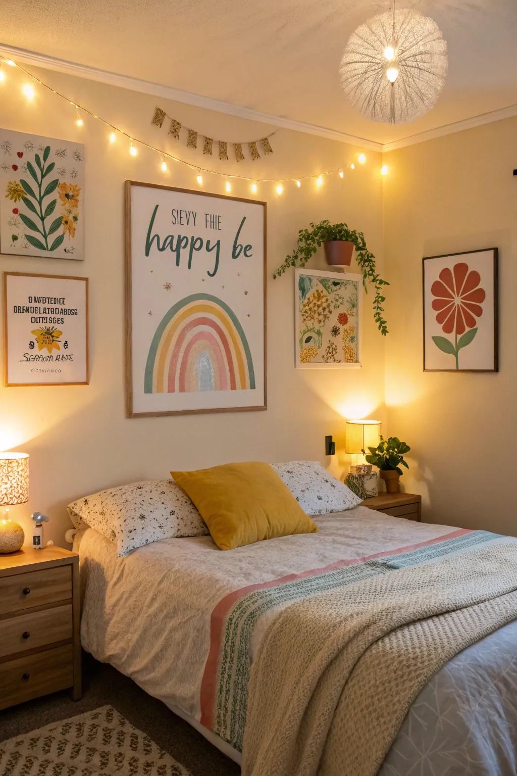 Encouraging art uplifts the room's positive energy.