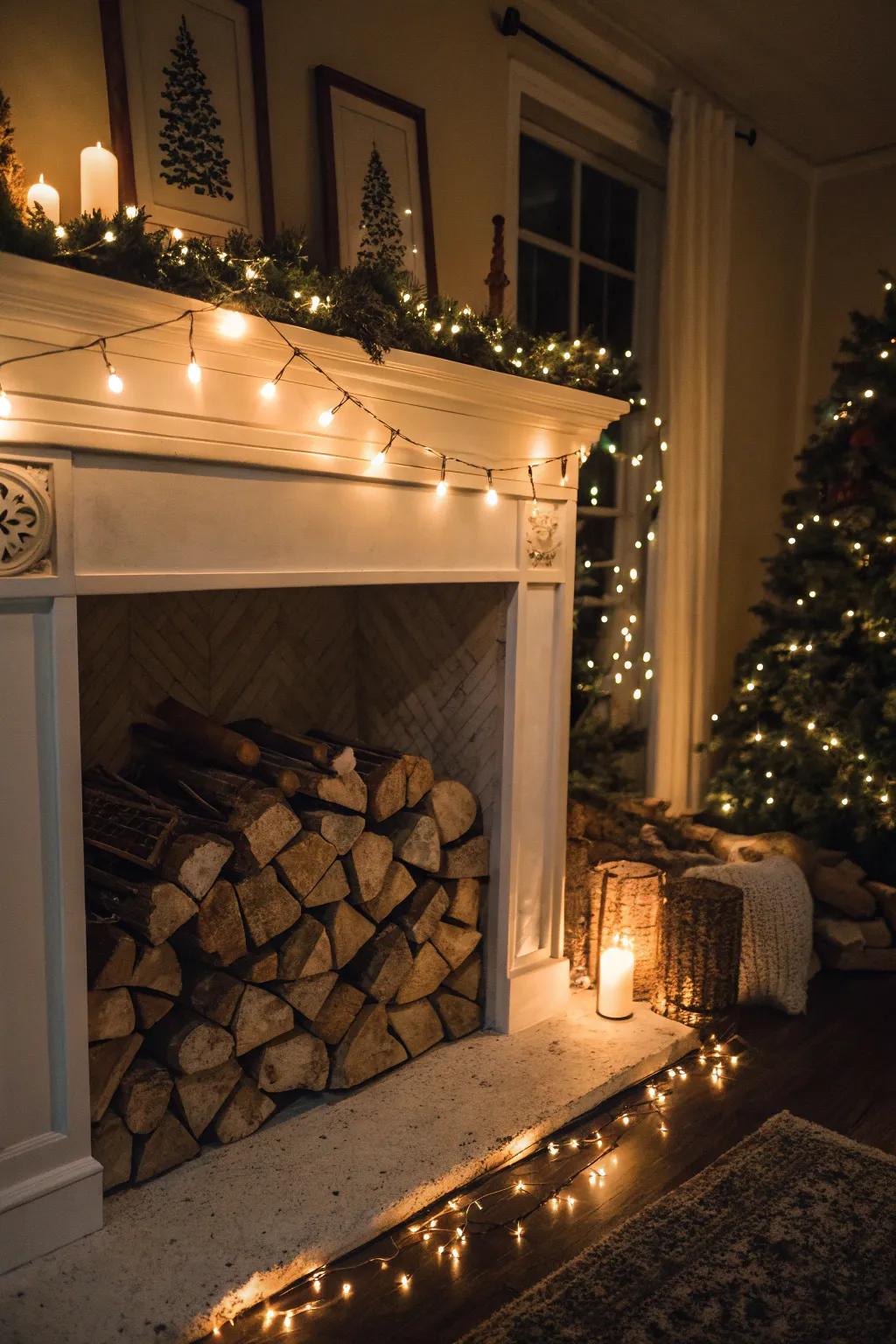 String lights bestow firewood with an endearing radiance.