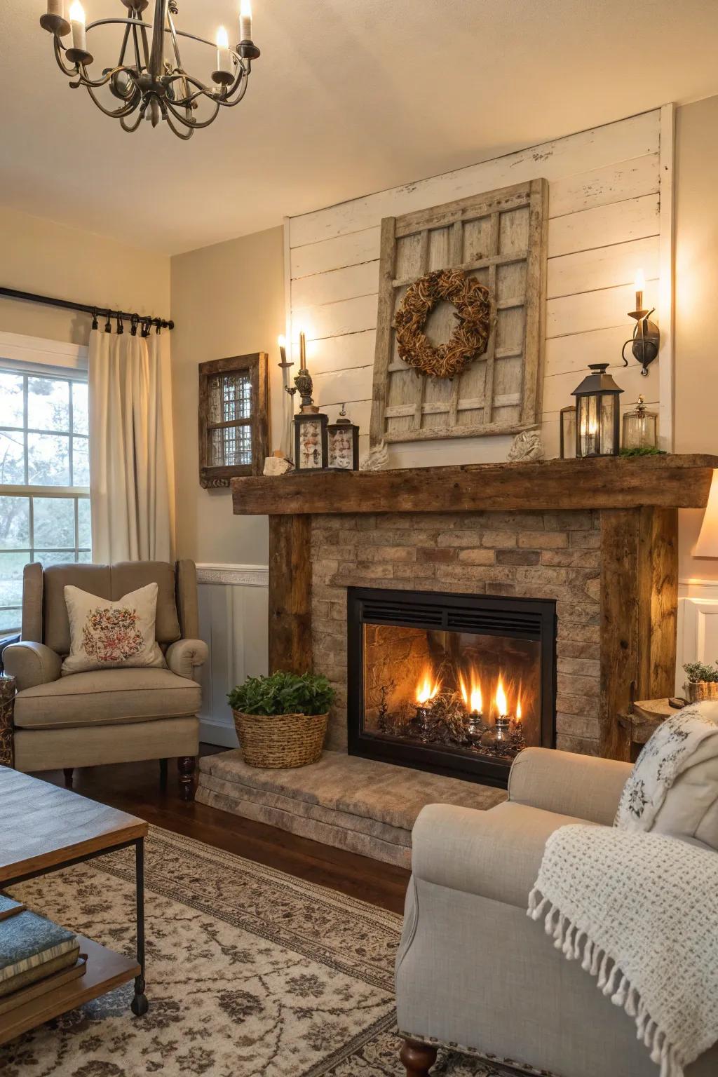 A cozy living space exhibiting a fireplace incorporating a reclaimed wood mantel.