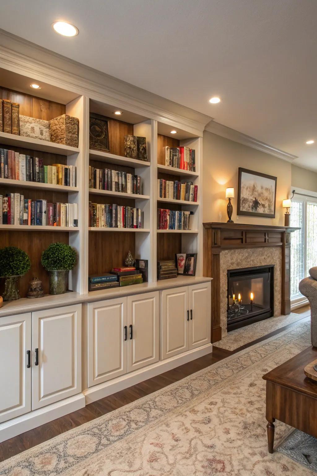 Useful stowage featuring closed cabins incorporated into bookcases.