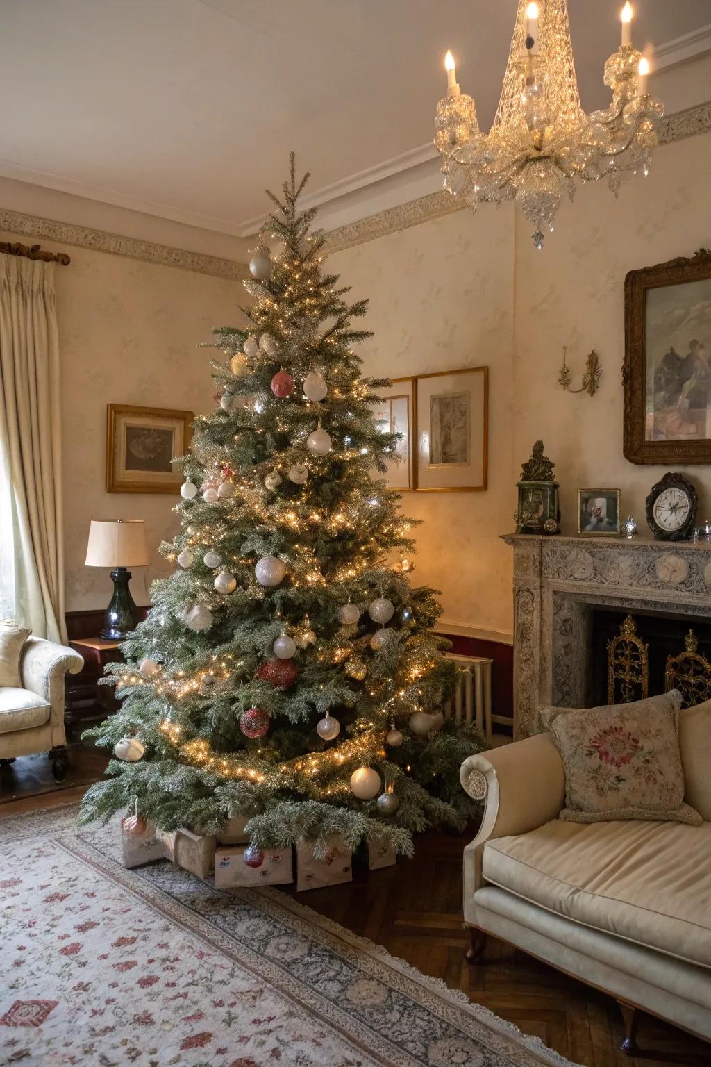 A flocked Christmas tree with a retro glamour theme.