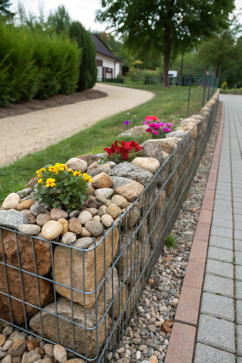Mesh walls render a striking and textured border for flower patches.