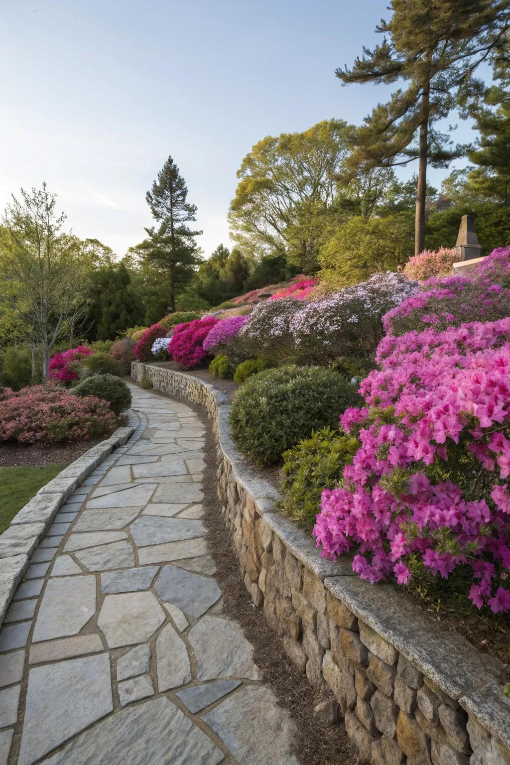 Add sophistication with structural elements in your azalea garden.