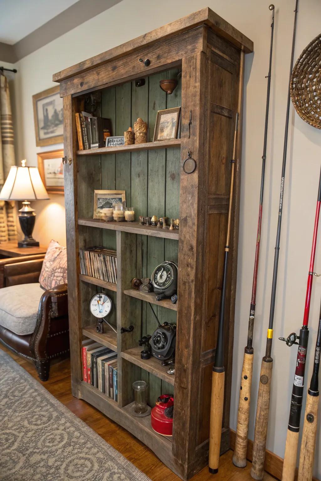 Upcycled furniture provides creative storage options.