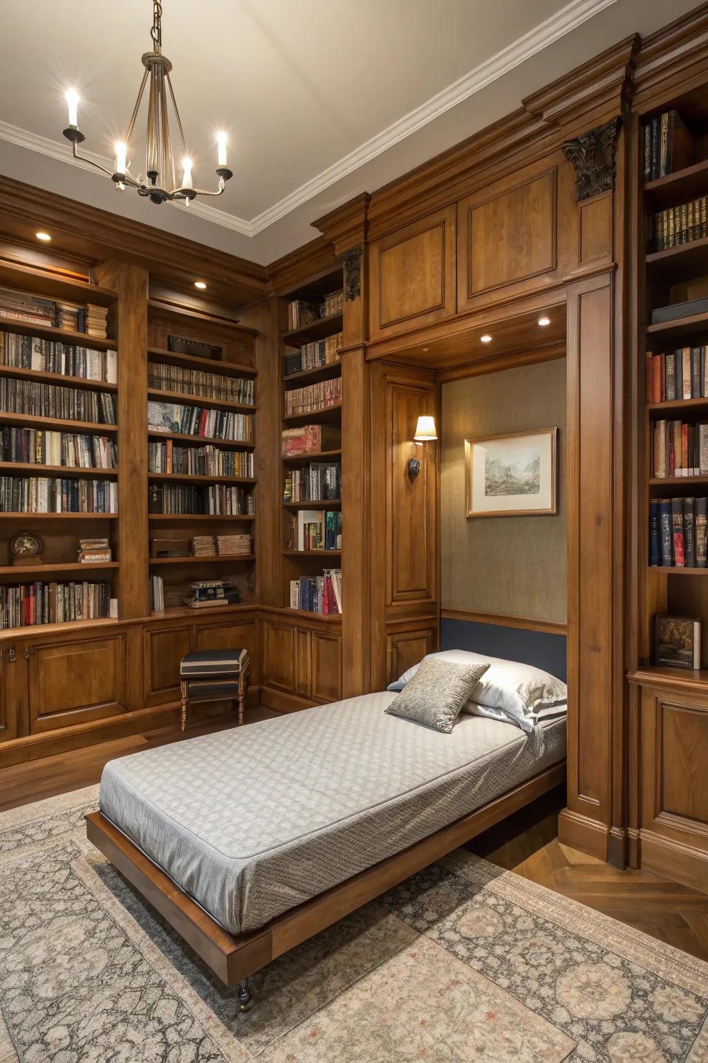 Bookcase beds create a warm and functional reading space.