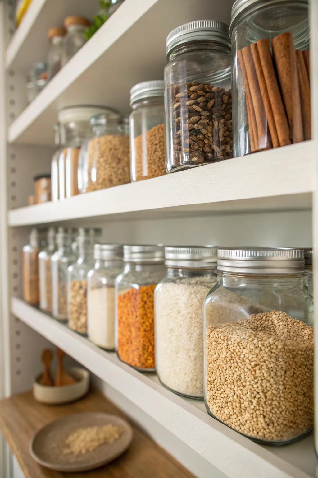 Glass jars are a useful storage option that is also visually pleasing.