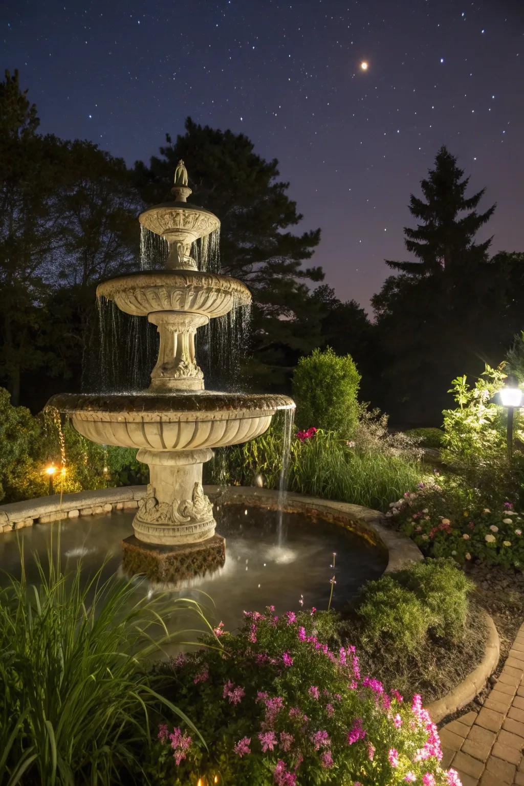 Bring your garden to life at night with a lit water feature.