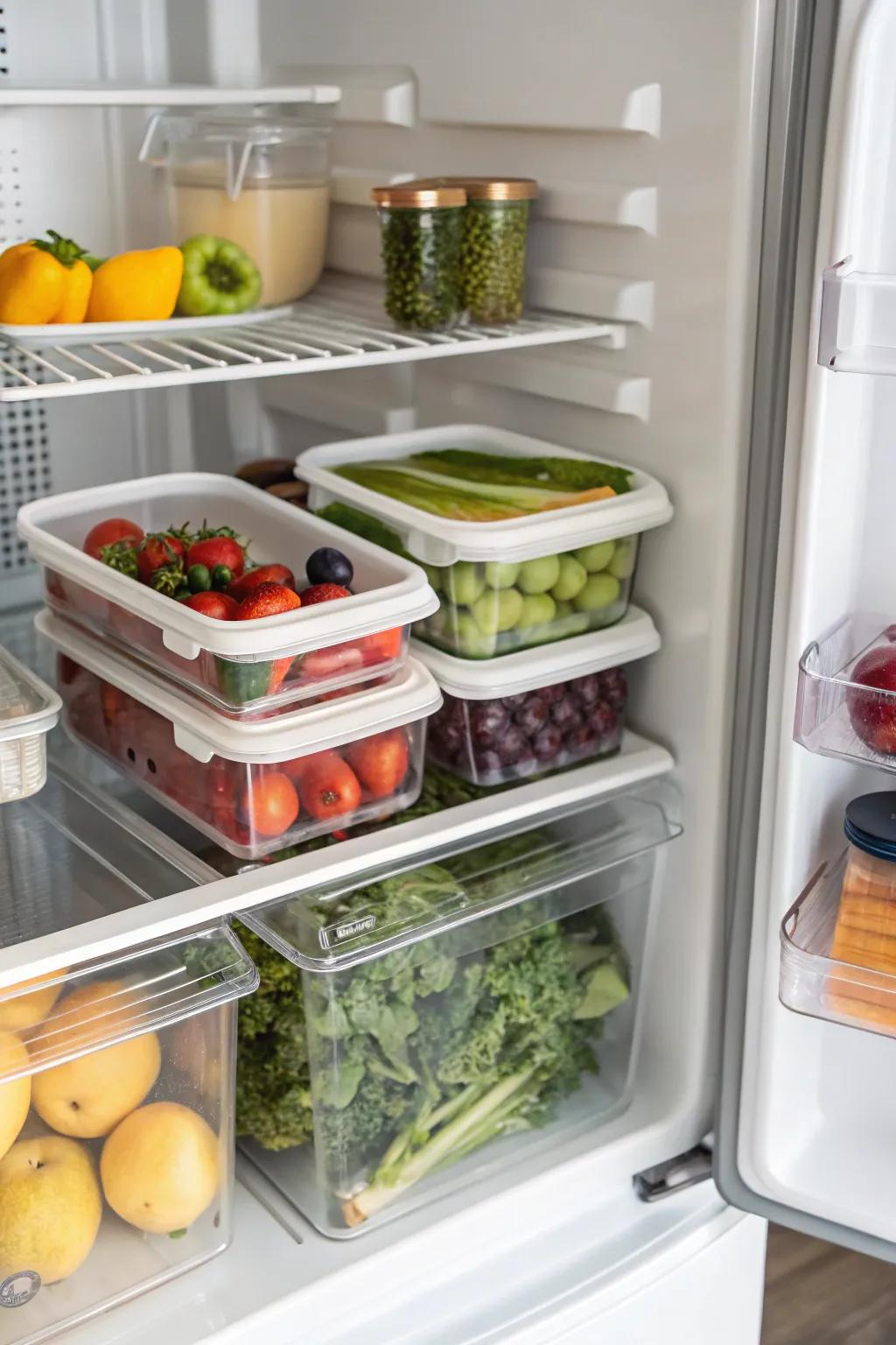 Extra storage created in the fridge with stackable bins.