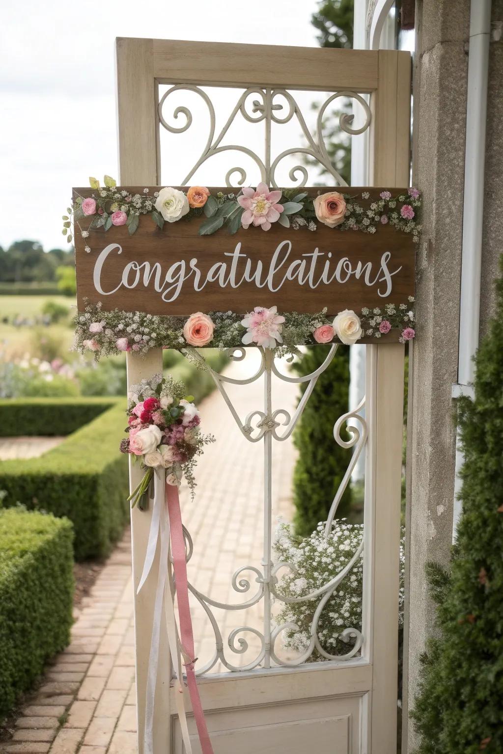 Ornamental signage renders a cordial, intimate reception at your wedding gateway.