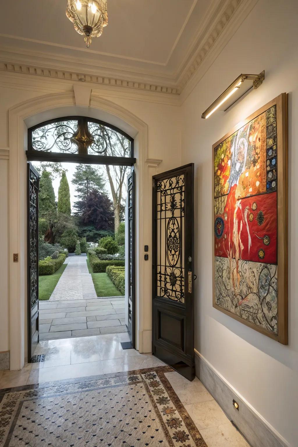 An eye-catching piece of art adding persona and intrigue to the doorway.
