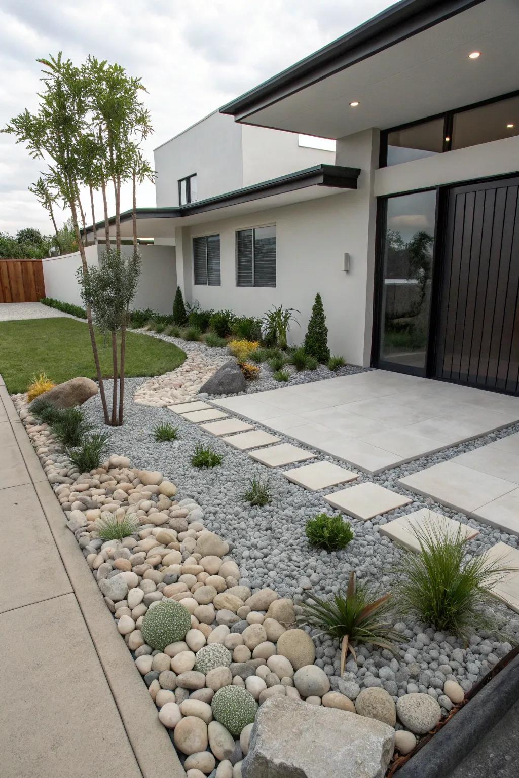 River stones add a modern element to minimalist gardens.