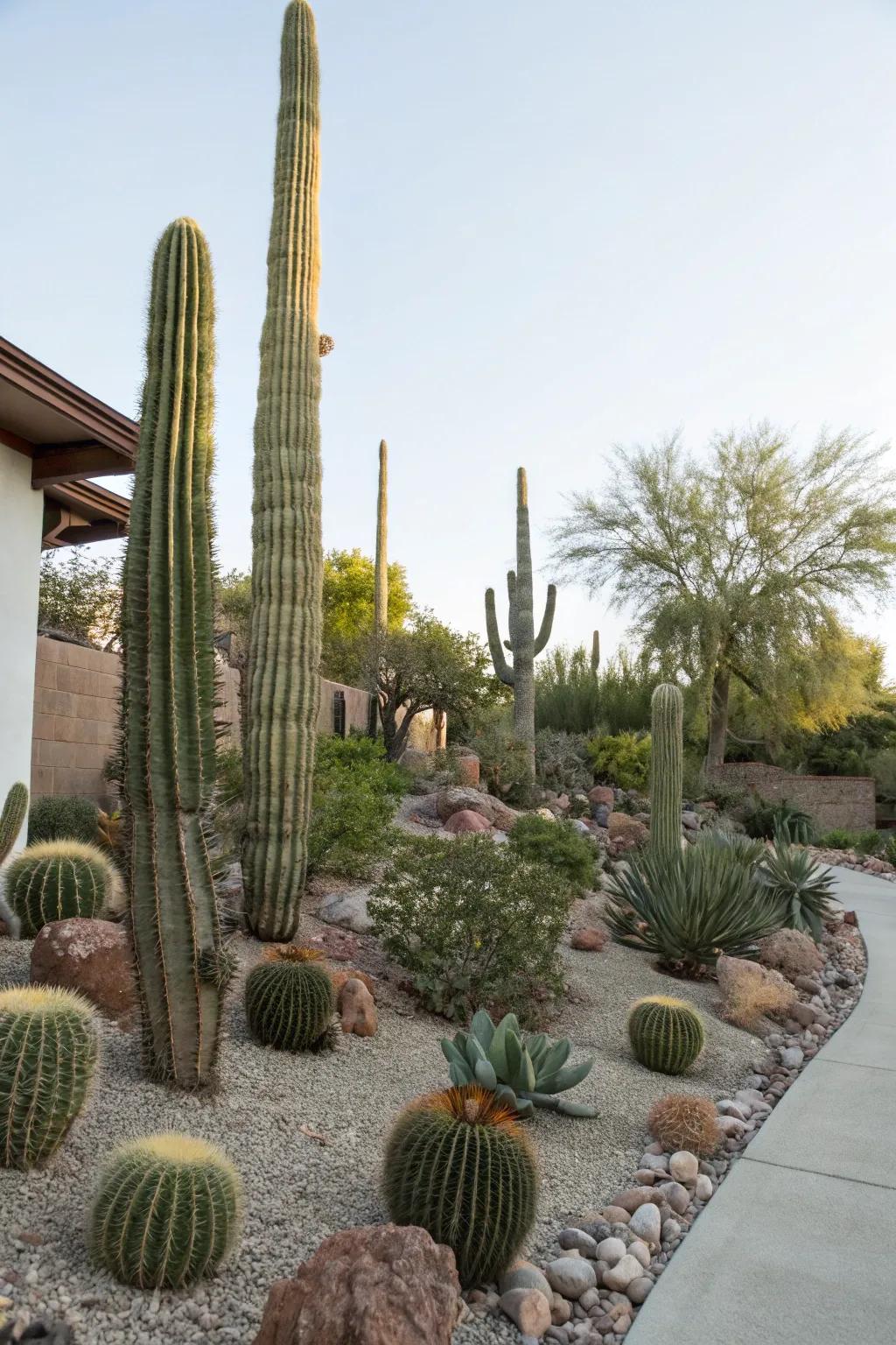Vertical interest achieved using columnar cacti.
