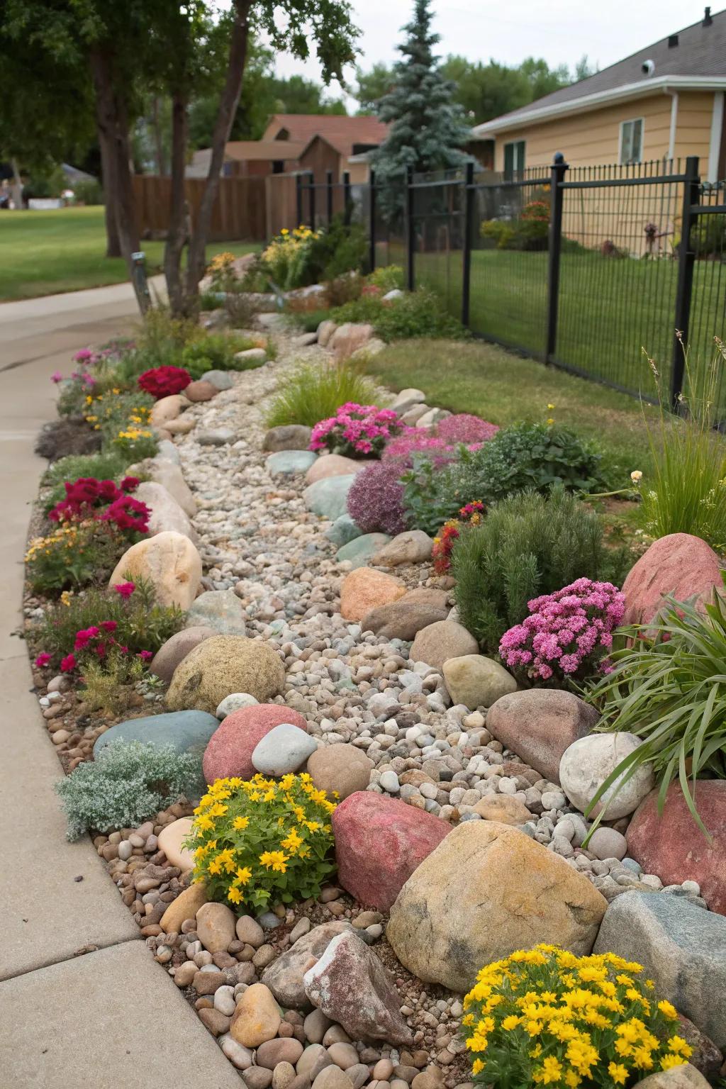 Colorful elements add a playful touch to the yard.