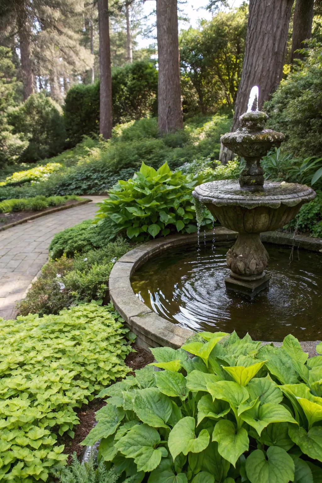 A water feature introduces tranquility and motion to the landscape.