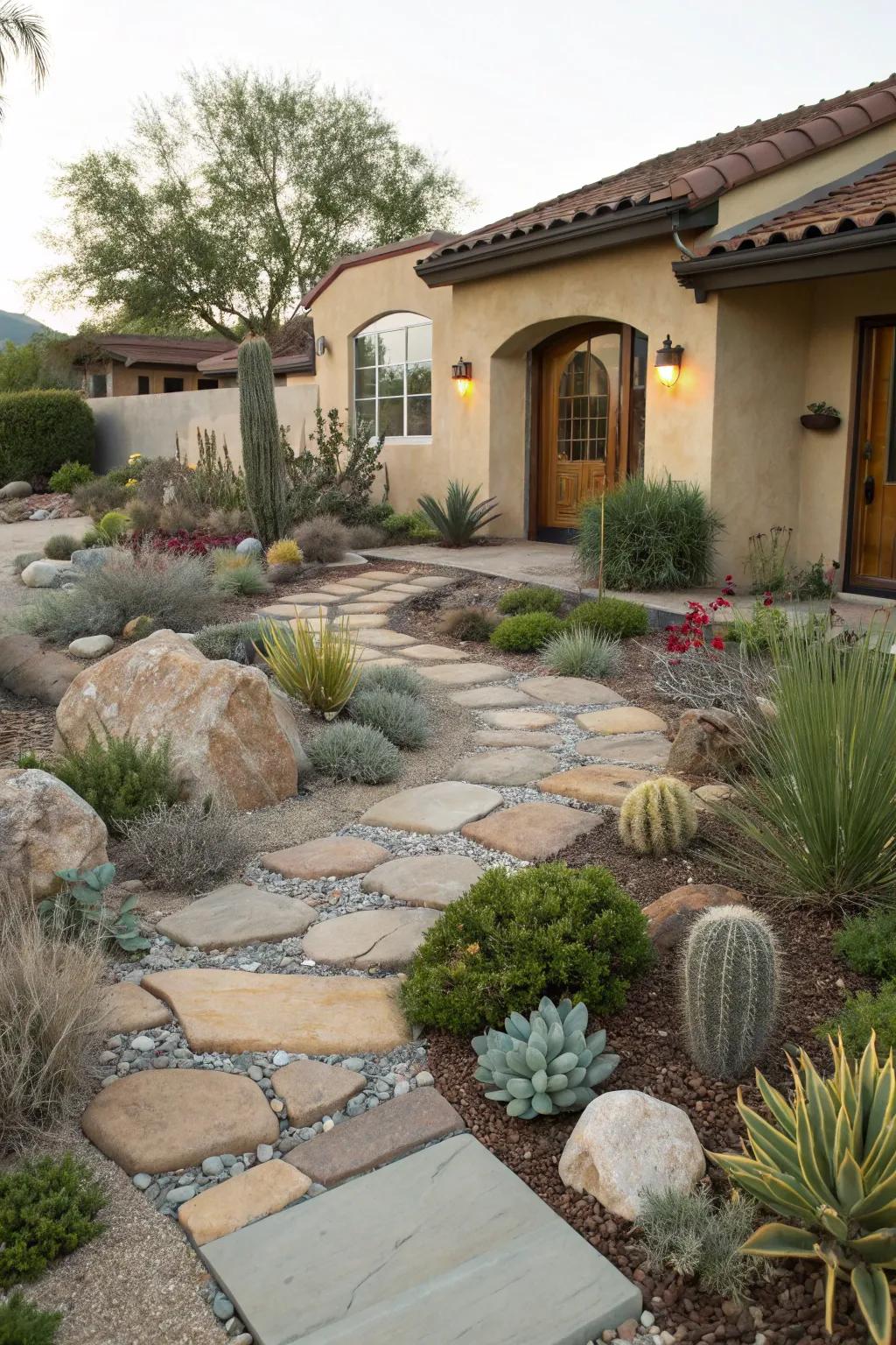 Stonework paths impart direction and charm in xeriscape settings.