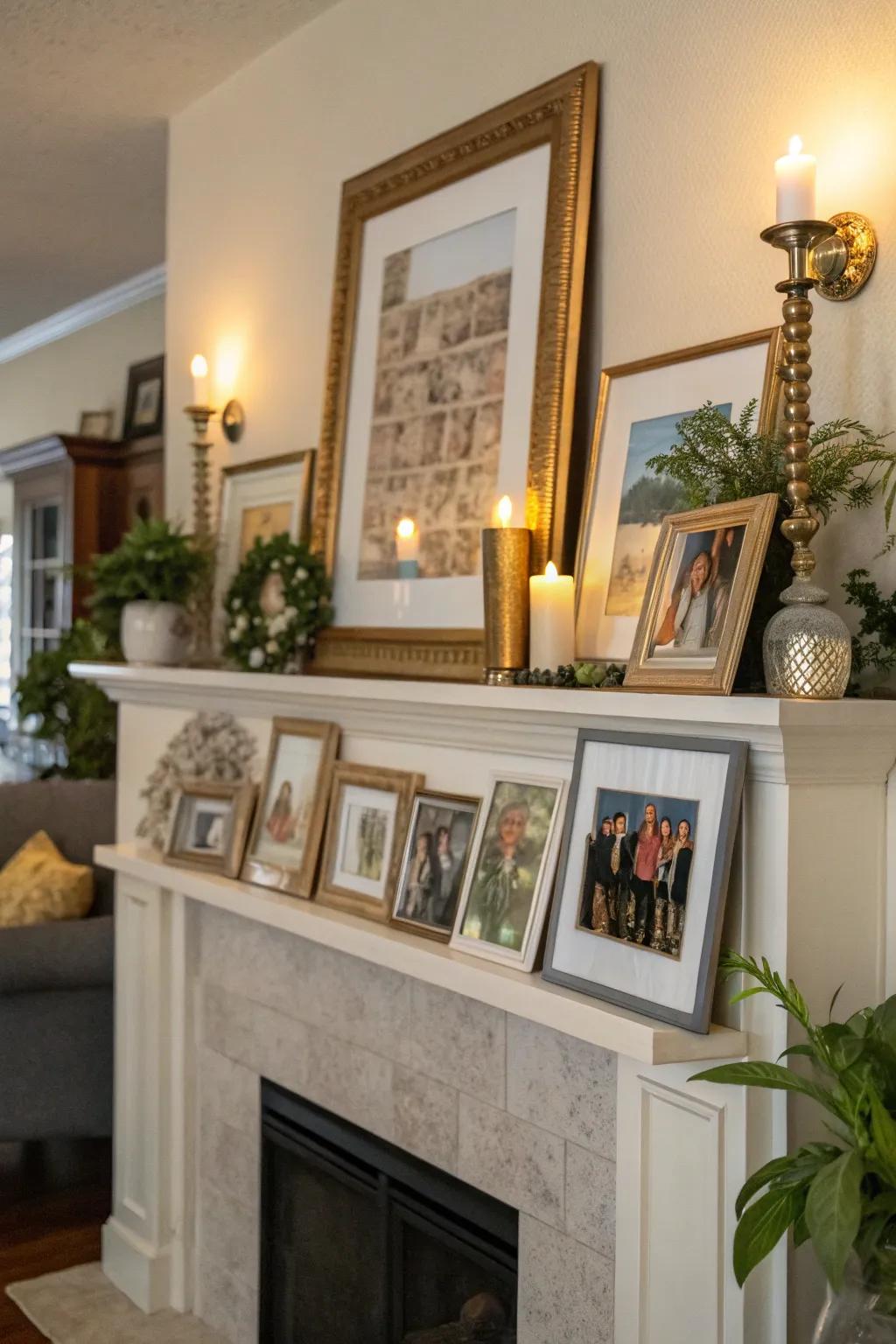 Overlapping frames create a layered, textured effect on a fireplace mantel.