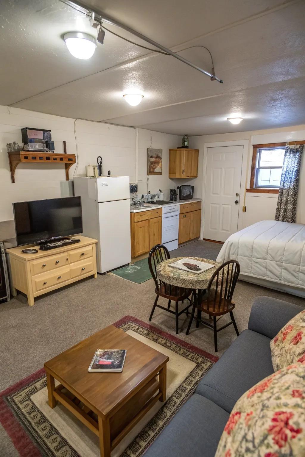 A small and comfortable garage suite.