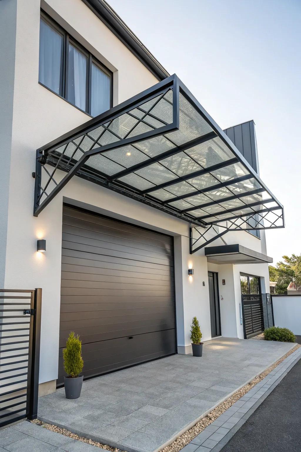Sophisticated geometric metal awning with modern flair.
