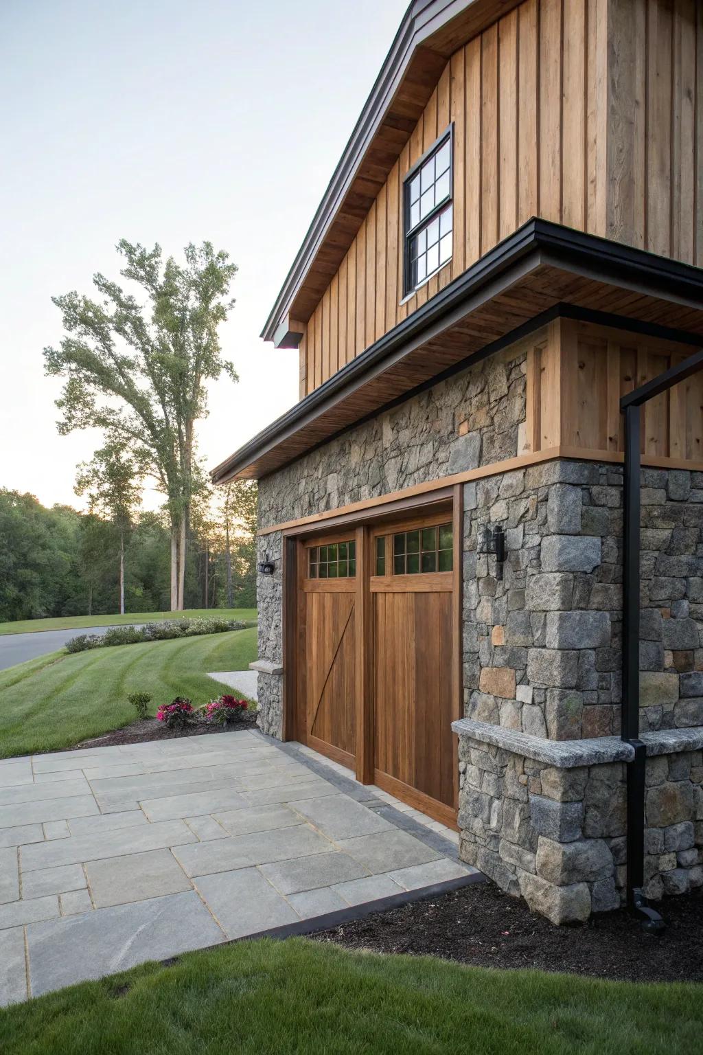A garage presenting a sophisticated blend of stone and wood materials.