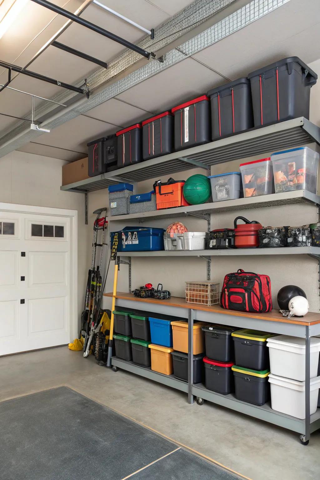 Make the most of storage with overhead racks.