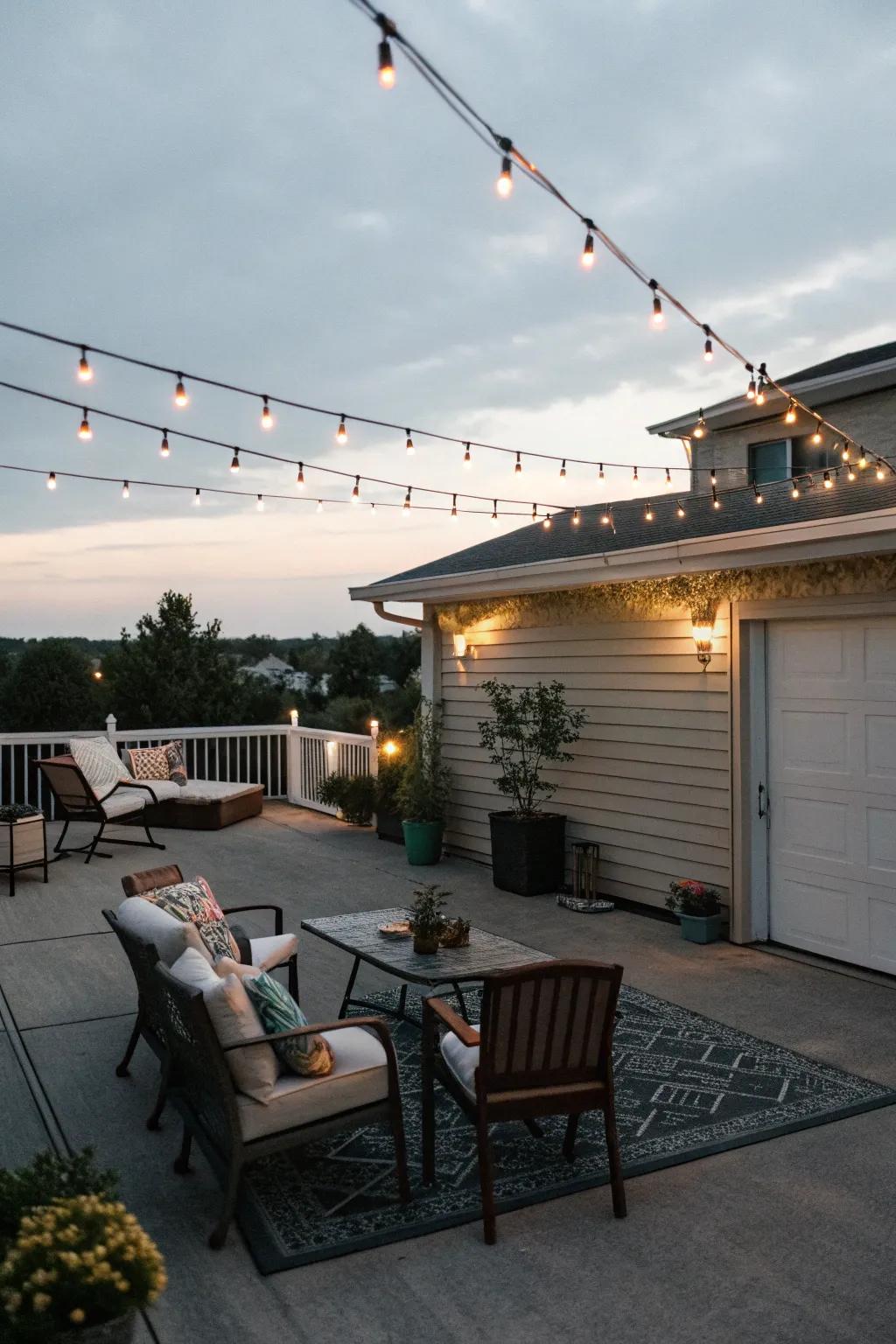 A chic high-rise patio transforms a garage into an entertainment sanctuary.