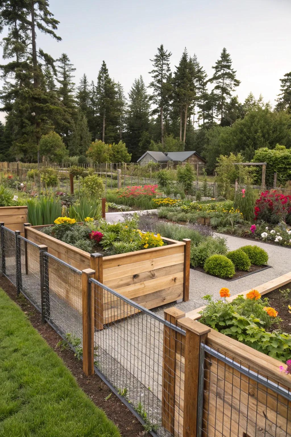 An eclectic mix of materials results in a visually captivating garden barrier.