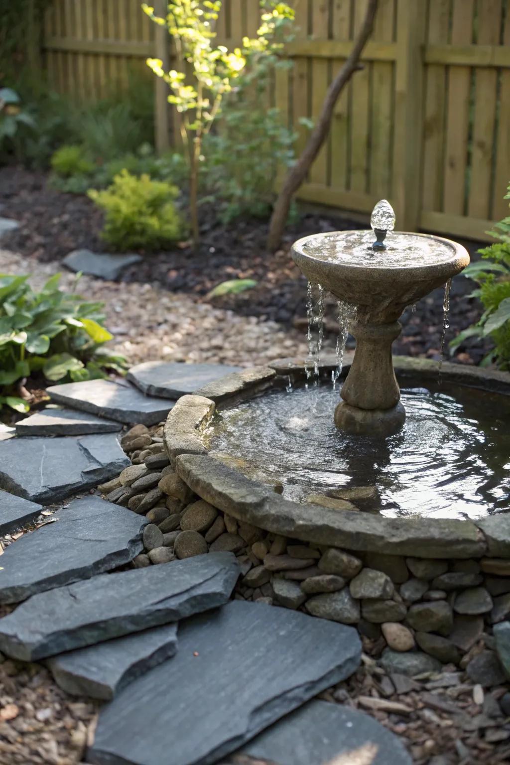 Elevate your garden with a serene water element outlined by stone fragments.