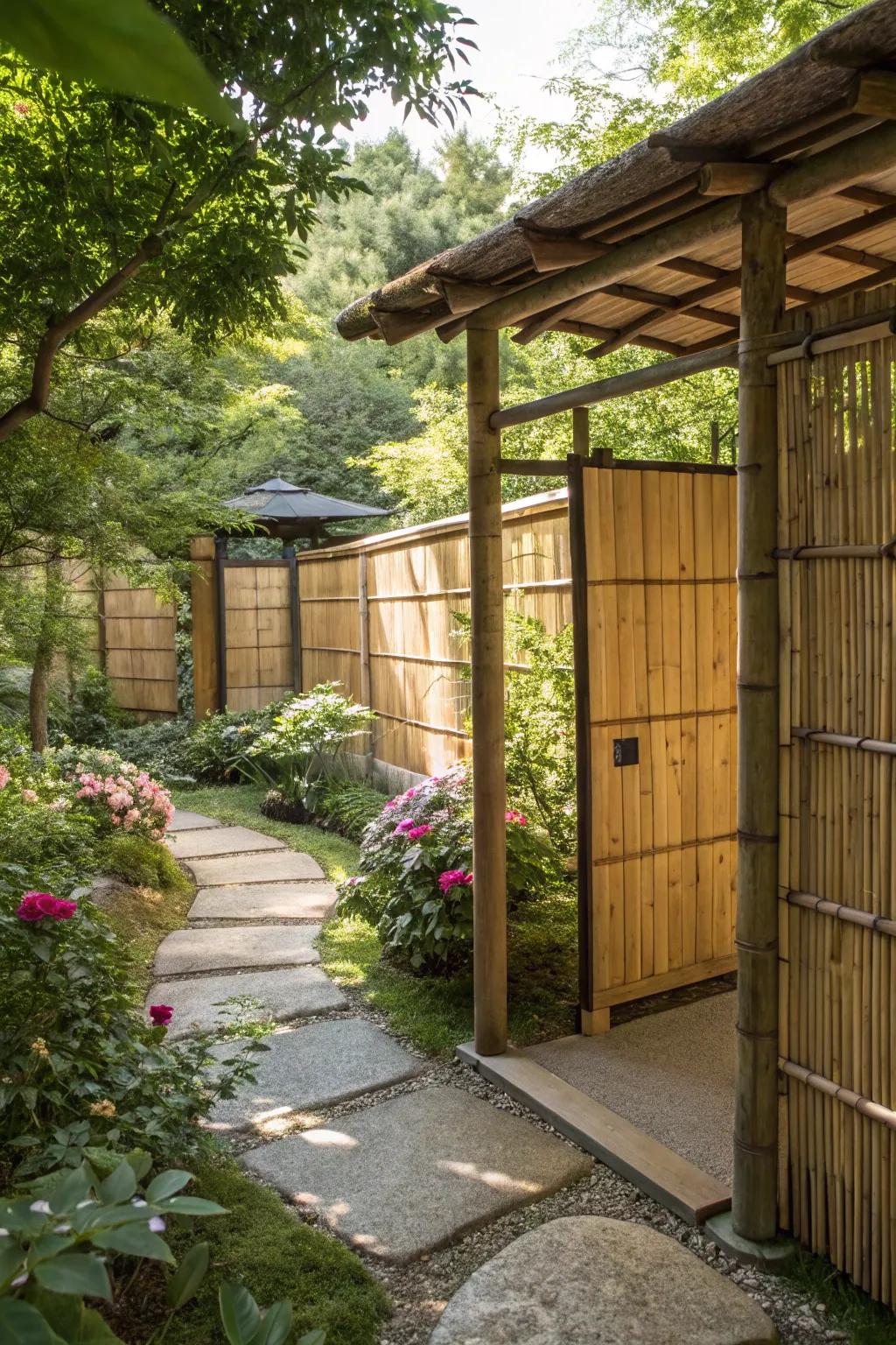 Organic elements like bamboo provide a natural screening solution.
