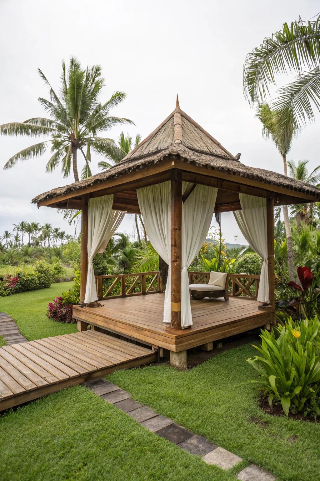 Cane flooring adds an exotic flair and eco-responsible charm to any gazebo.