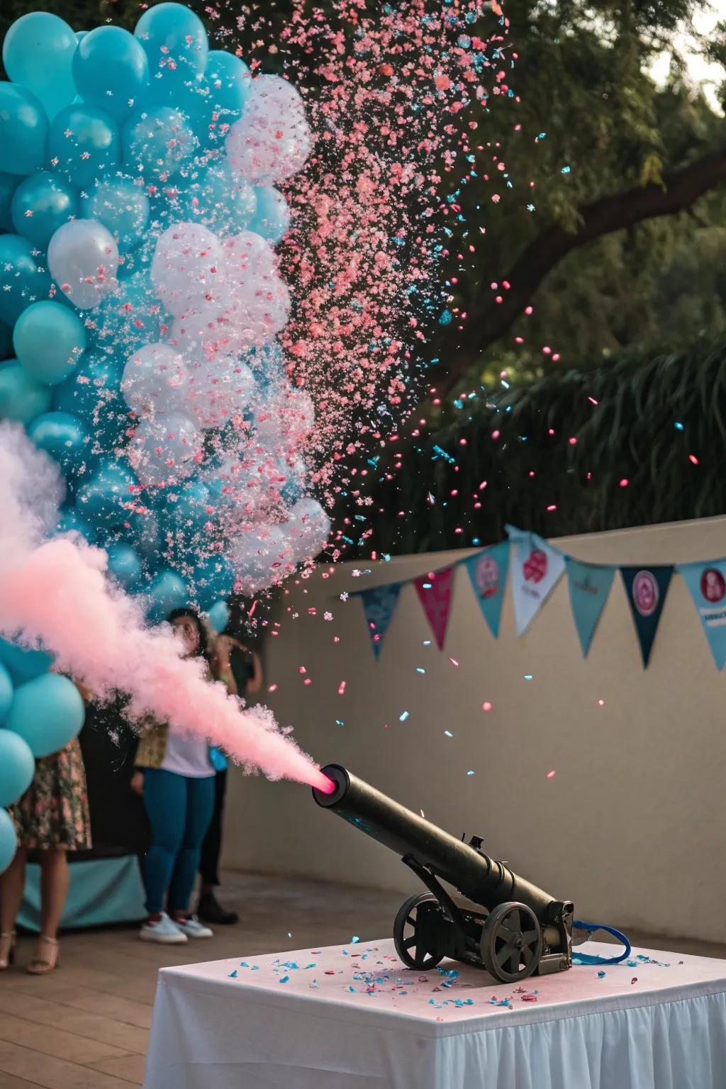 A confetti cannon enlivens the gender reveal moment.