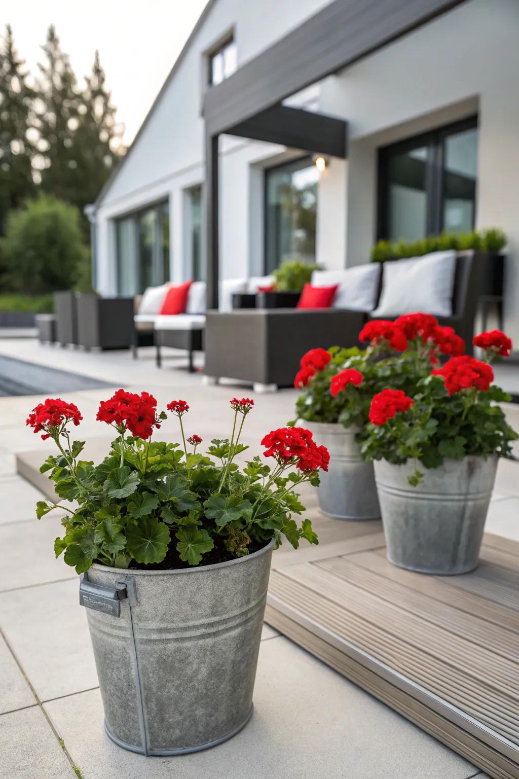 Sleek alloy buckets serve as chic planters for radiant red geraniums, adding a modern touch.