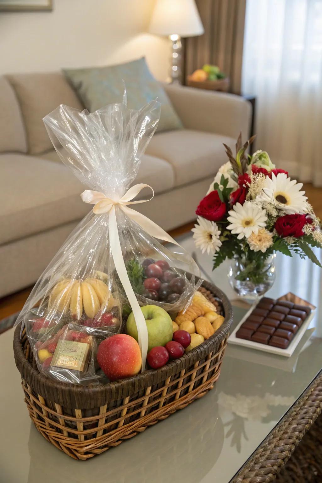 A gift basket enclosed in clear cellophane for a chic finish.
