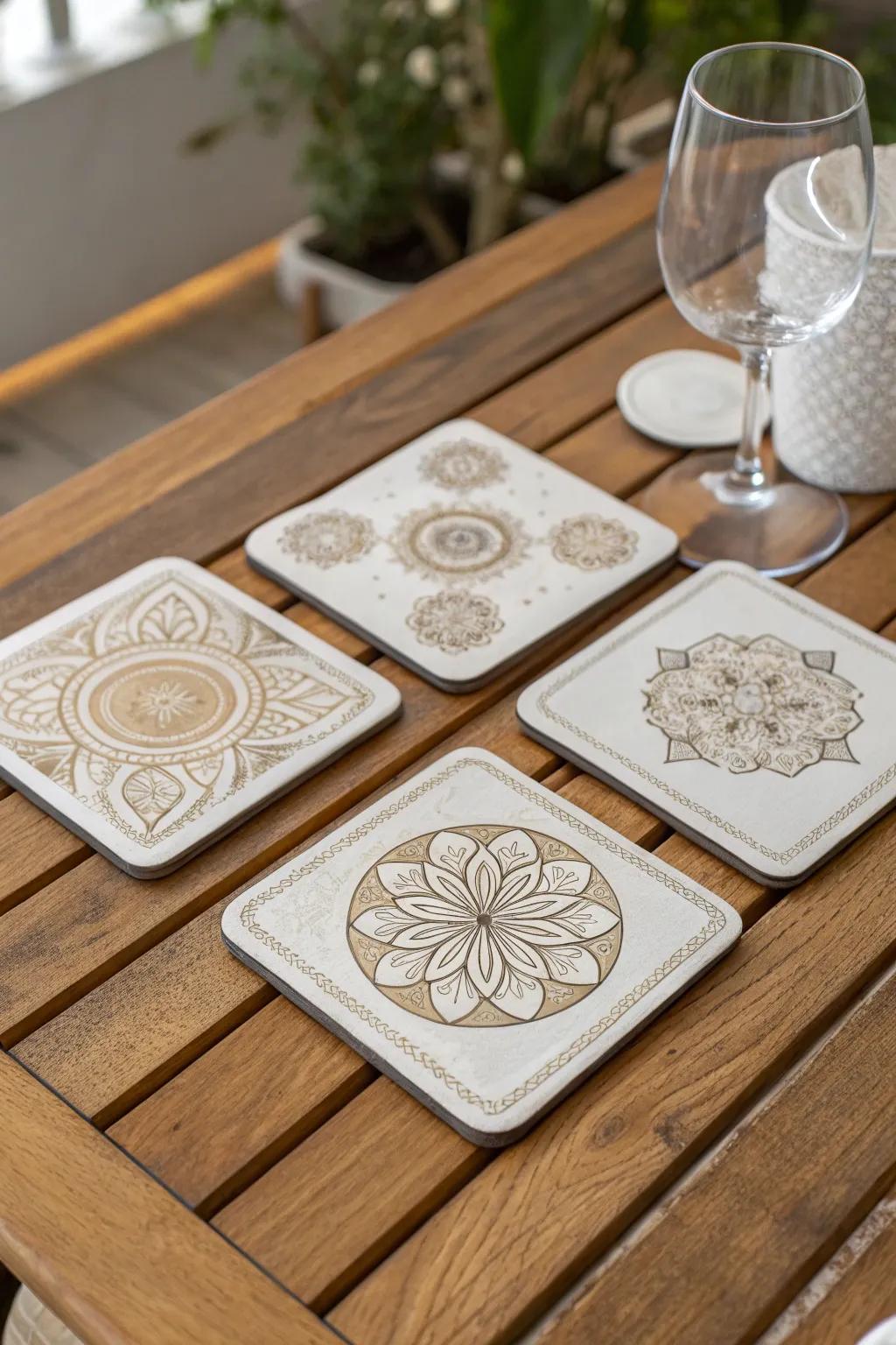 Protect surfaces using custom drink rests.