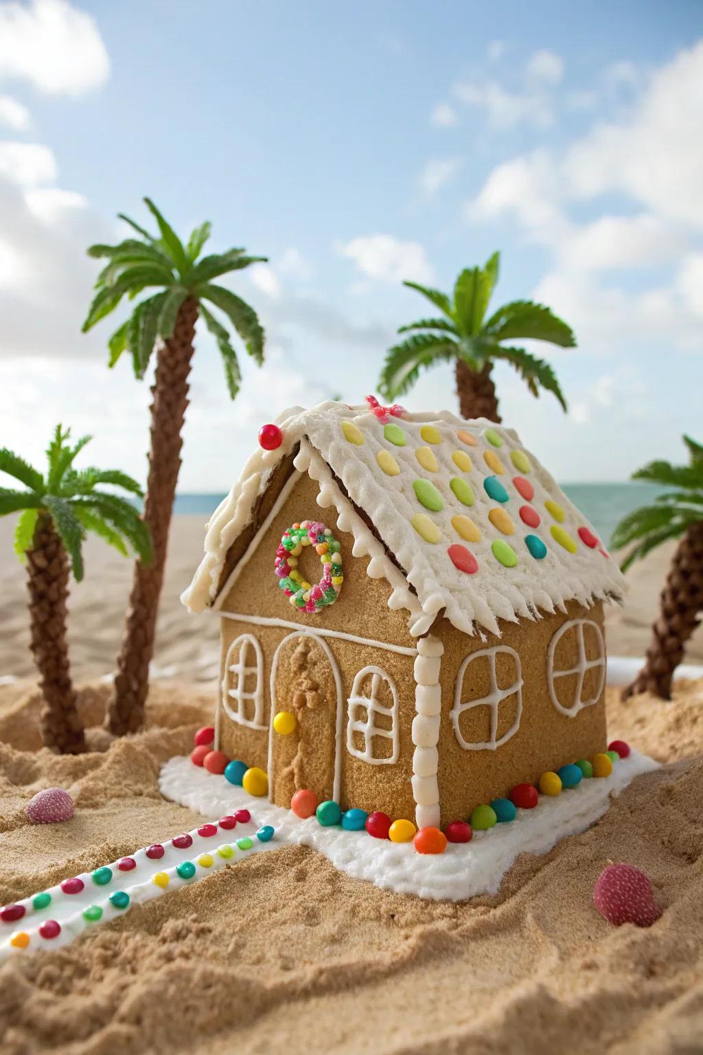 A gingerbread beach sanctuary evoking tropical resonances.