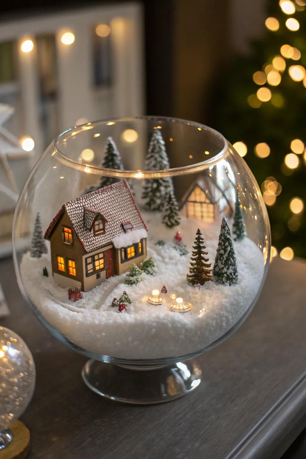 An endearing wintry hamlet vista contained within a crystalline bowl.
