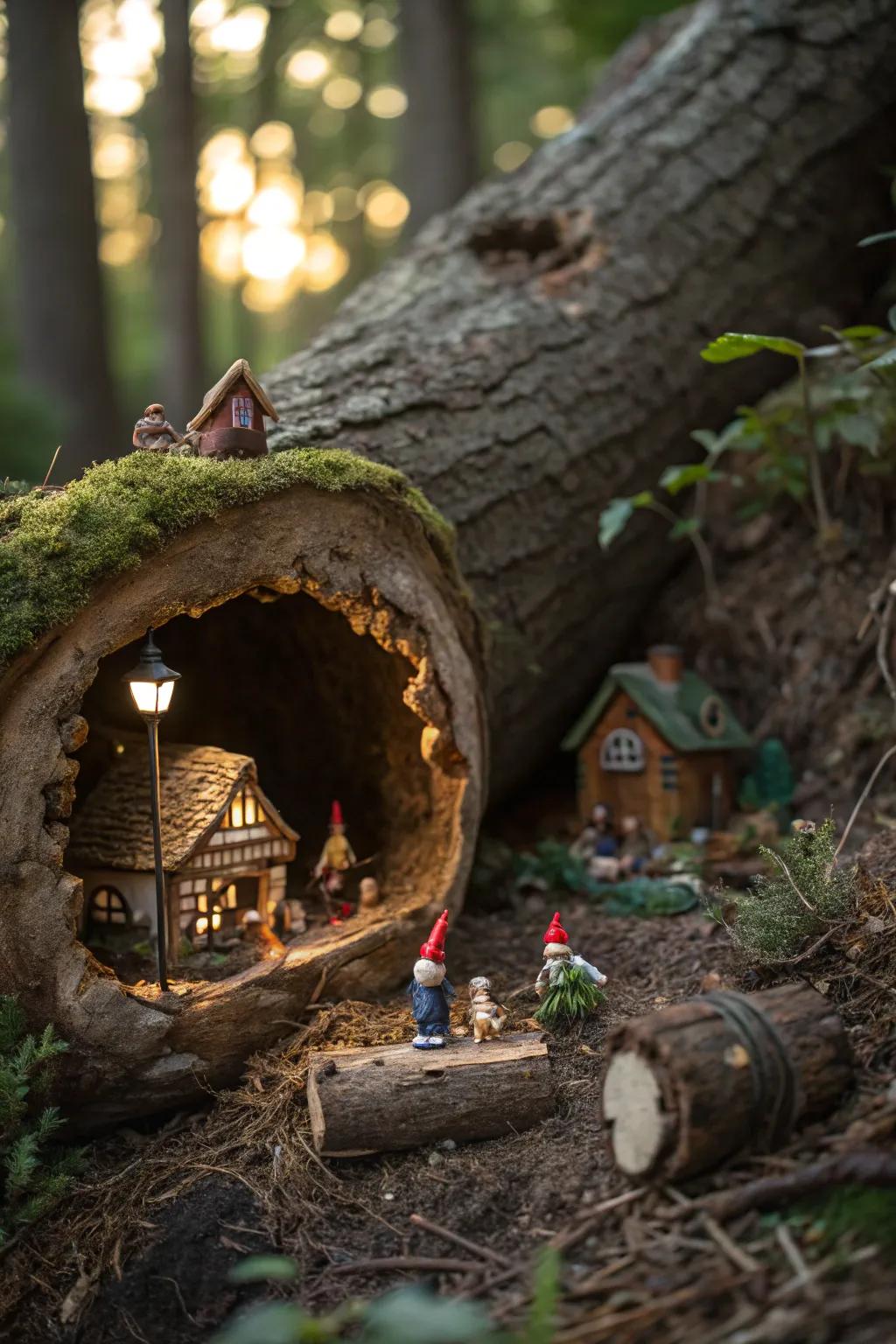 A hidden gnome village nestled within a log.