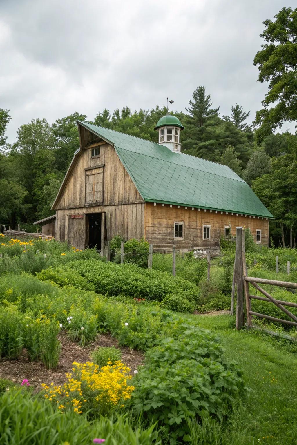 A green roof adds eco-friendly insulation and charm.