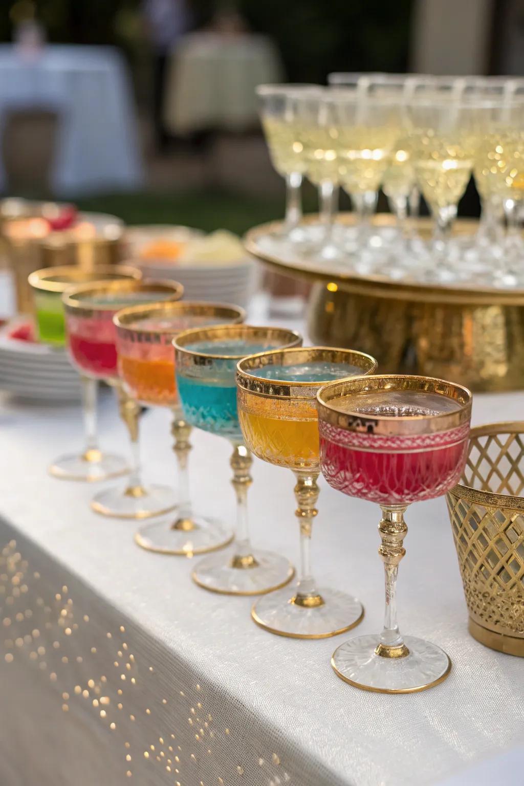 Dynamic sophistication through gilded-rimmed glassware.