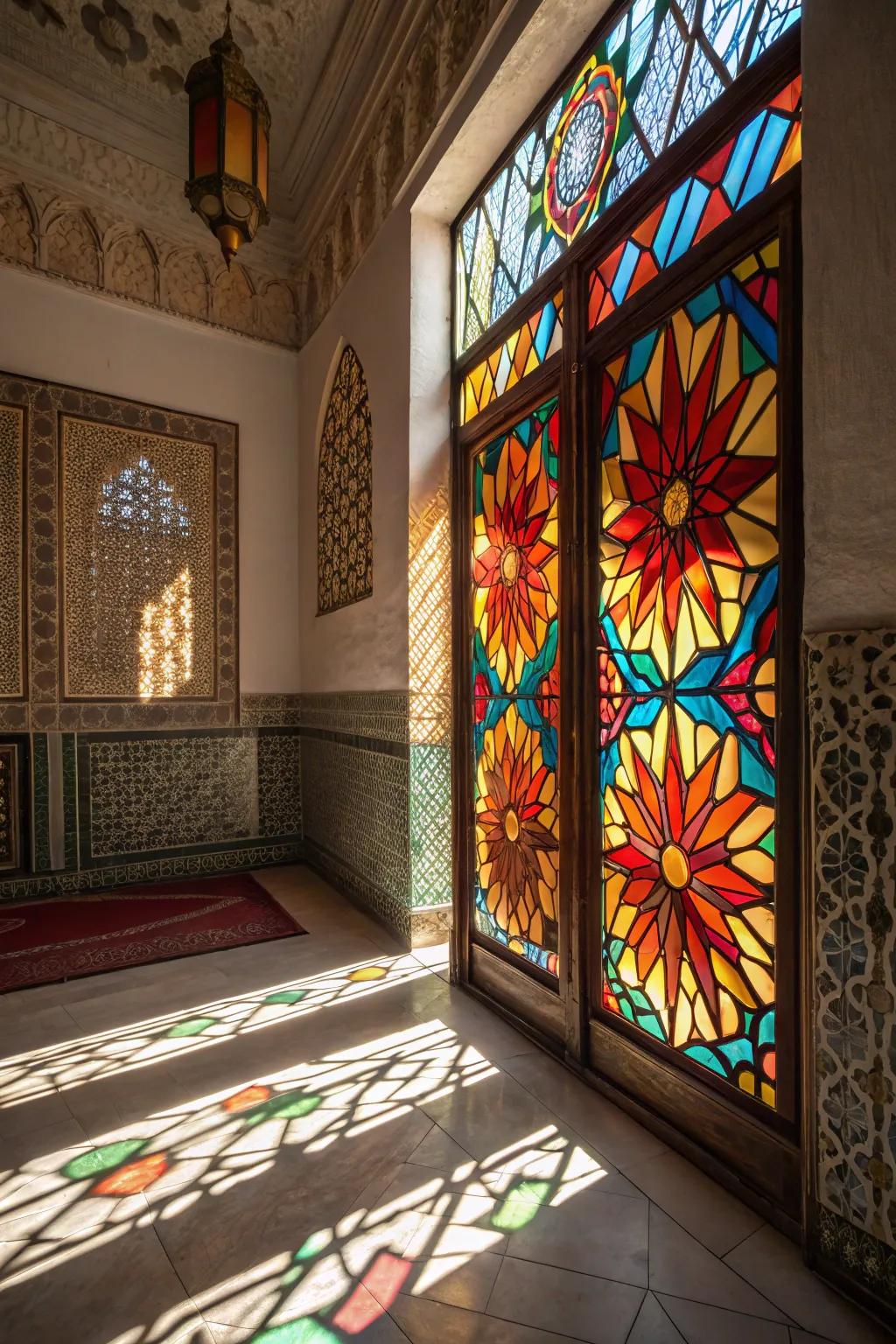 Colorful glass style artwork enhances depth and intrigue.