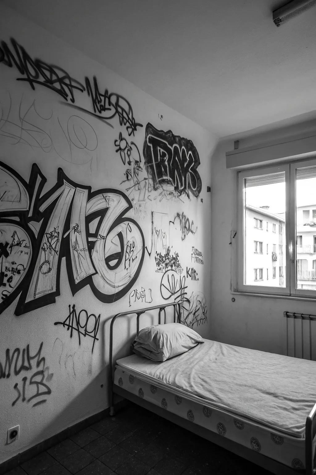 Monochrome graffiti bringing elegance to a bedroom