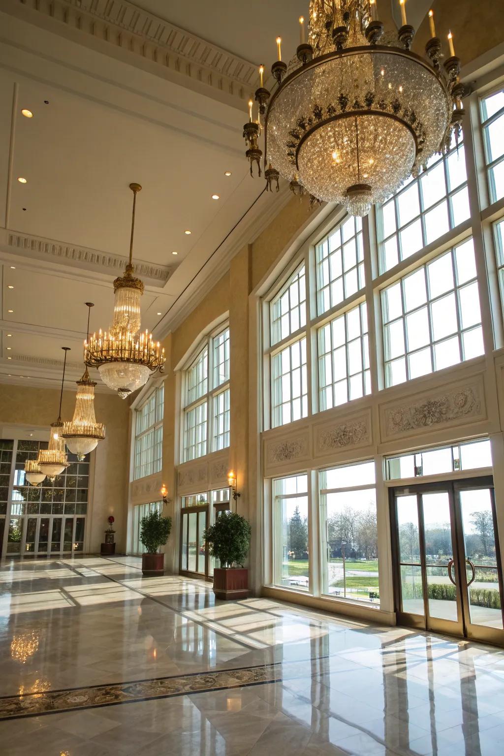 A well-illuminated grand foyer featuring a fusion of natural and artificial illumination.